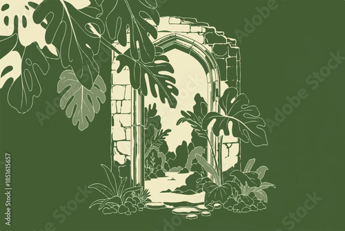 Vector illustration of a bamboo forest branch with green leaves and floral ornaments on an abstract nature background for spring garden decoration