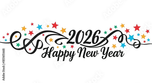 Festive new year celebration graphic featuring colorful stars swirls and the year 2026