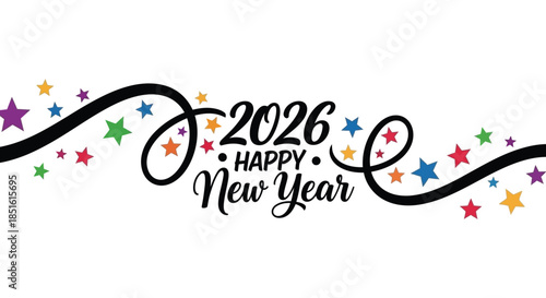 A festive black swirl design announces a happy new year with the year 2026 prominently displayed