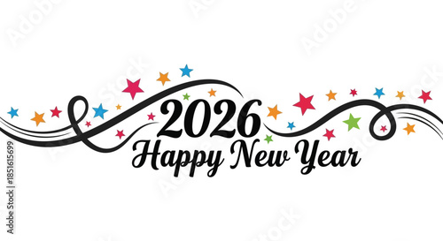 A festive new year graphic featuring the year 2026 with colorful stars and swirling decorations
