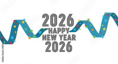 Festive new year design featuring vibrant ribbons stars and the year 2026 in bold typography