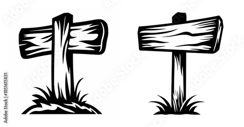 Rustic wooden trailhead signs pointing directions in outdoor landscape with grass accents