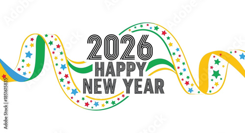 A colorful and festive graphic displaying the year 2026 with a happy new year message