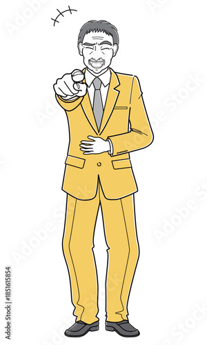 腹を抱えて笑うスーツの中年男性（シンプル）