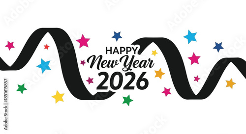 Festive new year 2026 celebration graphic with colorful stars and a swirling design element
