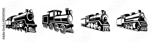 Four classic steam locomotive engines displayed in a row ready for rail transport adventures