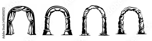 Set of four ornate architectural arches detailed line drawings architectural entryways and drapes design elements