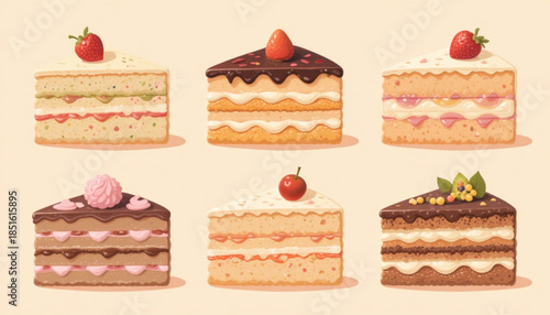 A set of cake slice illustrations with fruit toppings