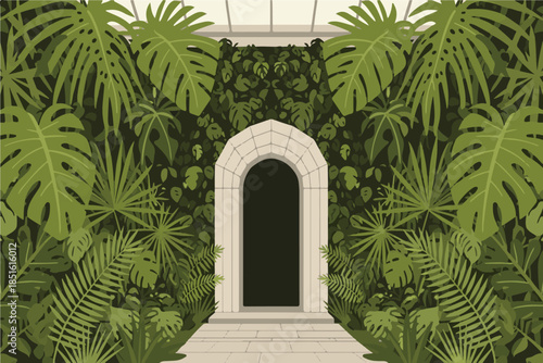 An ancient stone arch stands in a lush garden park near a vintage gothic building featuring white brick walls and a medieval glass window entrance