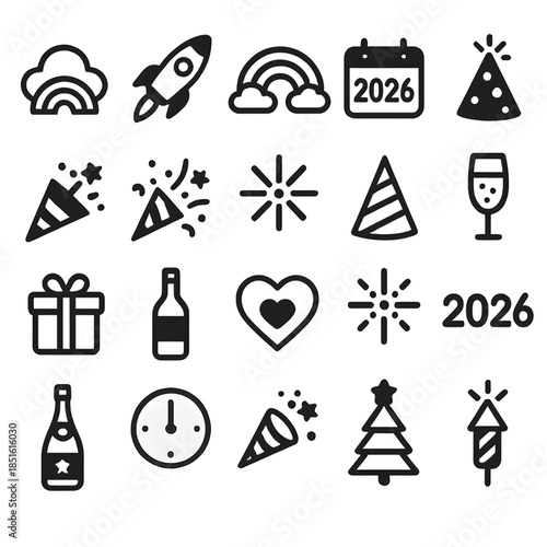 Minimal black and white New Year 2026 celebration icon set with party hats, fireworks, calendar, gifts, champagne, clock, heart and festive symbols. Clean outline style for UI, apps and design.