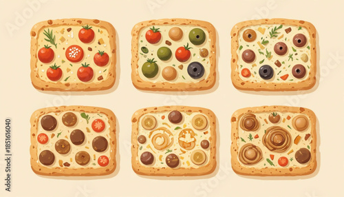 A set of flat colored focaccia cake illustrations