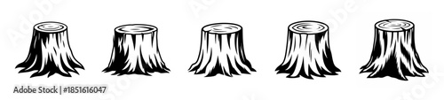 Collection of five detailed woodcut style tree stump illustrations showing root structures and textured bark patterns