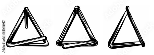 Three triangle musical instruments depicted in a sketch showcasing a percussion instrument with a beater