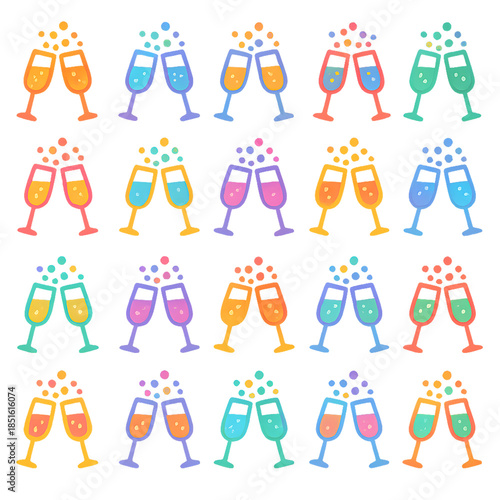 Colorful flat icon set of clinking champagne glasses with bubbly confetti, celebrating party, toast, New Year, festival, and joyful moments. Isolated on white background, playful modern style.