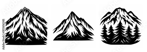 Rugged mountain peaks and evergreen forest scene silhouette designs for outdoor adventures