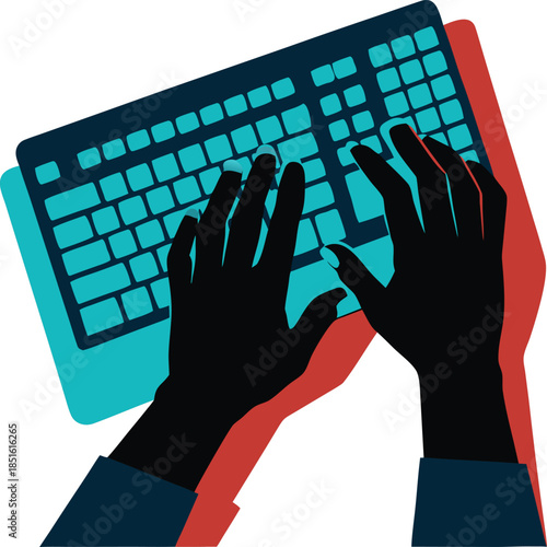 Silhouette of a person's hands typing on a glowing keyboard, coding/work concept, white background.