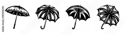 A series of four monochrome umbrellas in various open and partially open poses showing detailed ribbing