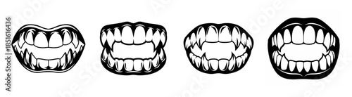Four stylized vampire mouths with prominent fangs and teeth in a monochromatic sketch style