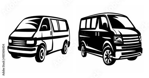 Two diverse minivans depicted with bold black and white linework offering contrast