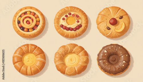 A set of flat colored Danish pastry illustrations 