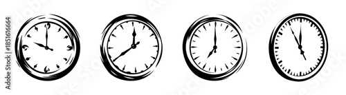 Four vintage analog wall clocks showing different times with roman numerals and hand-drawn details capturing timeless appeal