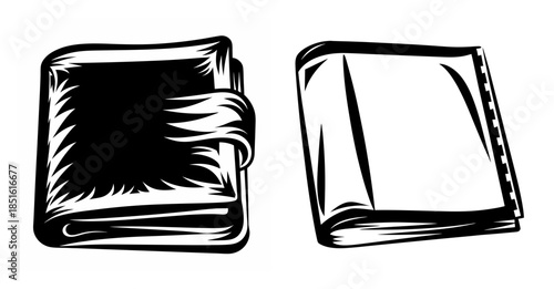 Two sketchy black and white wallets showing different angles and styles of folded wallets for cash and cards