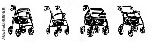 Four diverse walker designs featuring wheels seats and baskets for enhanced mobility and support