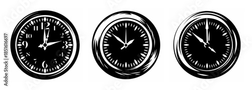 Three vintage analog wall clocks showing different times with scratchy texture in a row