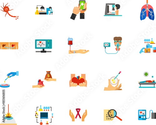 Set of medical and healthcare flat icons including blood donation, lungs, IV drip, laboratory, diagnosis, treatment, medicine, and hospital-related symbols for health design projects.