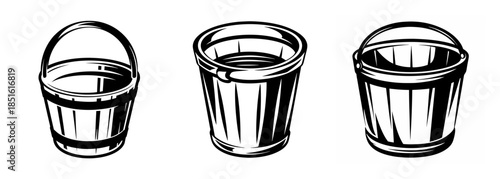 Three hand-drawn containers one bucket two glasses showing different vessel types for liquids