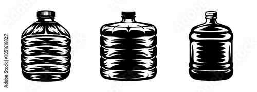 Three different types of water cooler bottles shown side by side black and white line art style