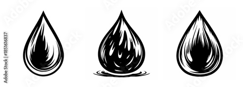 Three artistic stylized water droplets rendered in a rough sketchy black and white style representing purity refreshment and life