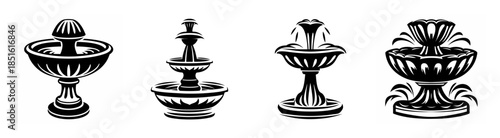 Collection of four ornate tiered water fountains featuring classic designs and decorative details