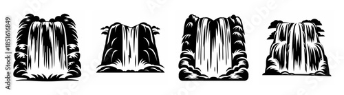 Four detailed black and white stylized waterfall graphics depicting cascading water flow and rocky outcroppings