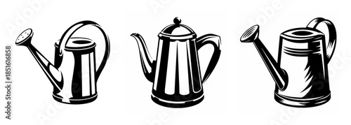 Three vintage watering cans showing different designs and styles for garden use