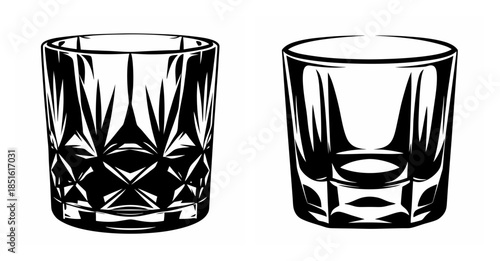 Two clear glasses for whiskey or spirits showcasing distinct cut patterns and faceted bases for drinking