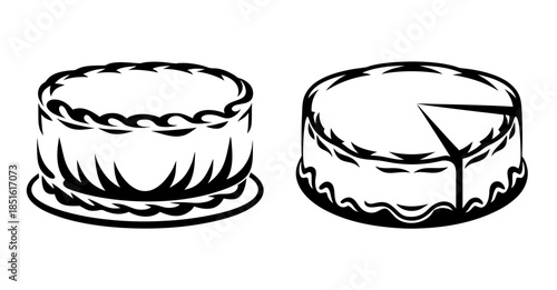 Two hand-drawn cakes one whole and one with a slice ready to be enjoyed for any celebration
