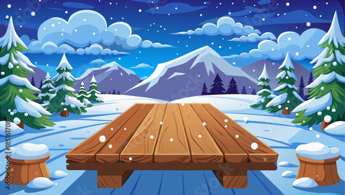 Winter table background featuring a snowy wooden plank with gentle snowfall under a cold winter sky, creating a rustic seasonal scene ideal for Christmas and New Year designs