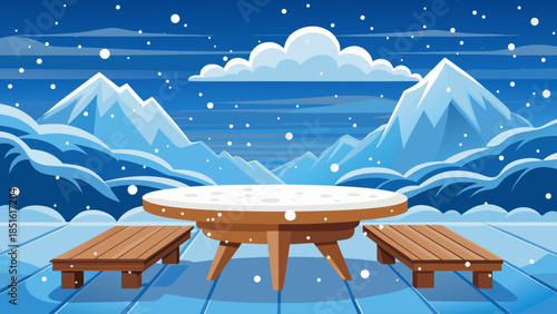 Snow-covered wooden table with falling snow beneath a cold winter sky, forming a cozy yet minimal winter background perfect for festive product displays or holiday layouts