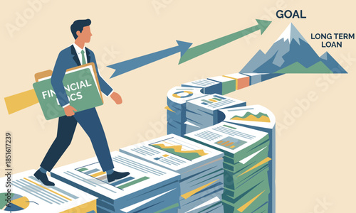 Illustration of a businessman walking on papers with financial goals and mortgage loan concept in a stylized scene.