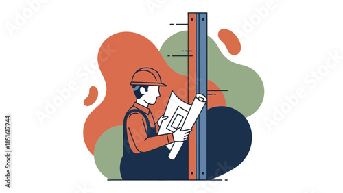 Construction worker examining blueprints next to a measuring tool.