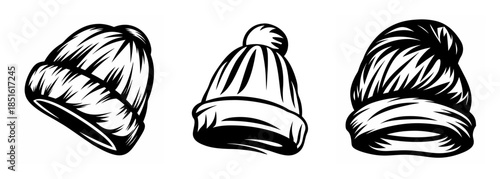 Three hand drawn winter beanies showing different styles and angles for cold weather headwear