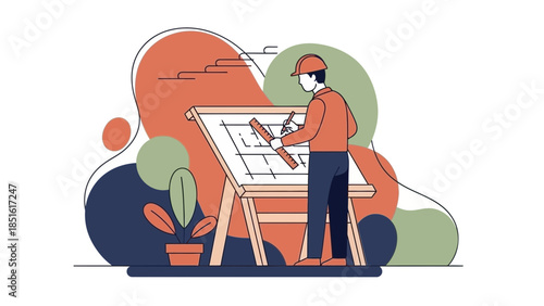 Architect meticulously reviewing blueprints at drafting table.