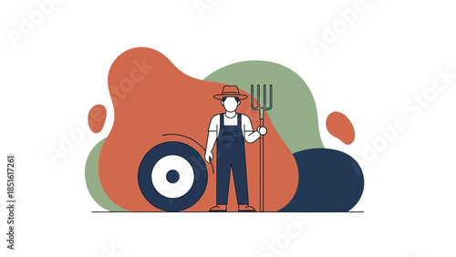 Farmer with Pitchfork in Front of Tractor Illustration.