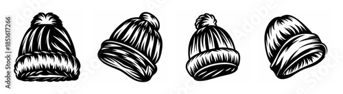 Four black and white sketch drawings of winter beanies displayed in sequence and different angles