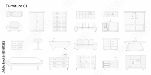 Line art furniture collection sofas wardrobes tables and various home elements