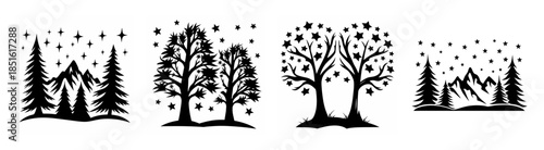 Four distinct winter scenes featuring silhouettes of trees mountains and falling snow under a starry sky