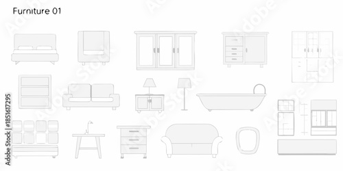 Collection of furniture items in a minimalist line art style illustration