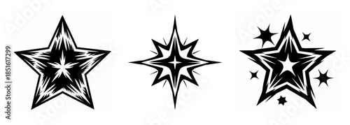 Three distinct abstract starburst graphic elements featuring intricate detailing and a stylized sketchy appearance for creative projects.