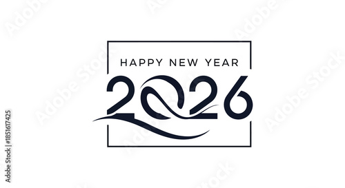 A minimalist new year graphic featuring the year 2026 with elegant swirling lines and text